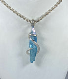 Aqua Aura Quartz Crystal Handmade Stone Pendant Wrapped in Silver