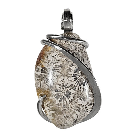Indonesian Fossilized Coral Handmade  Stone Pendant Wrapped in Silver