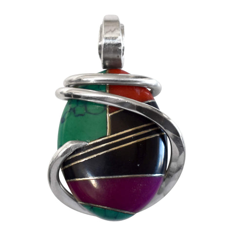 Malachite/Sugilite/Red Coral/Black Onyx Inlay with Gold Hand Wrapped Stone Pendant in Sterling Silver (Antique Bead)