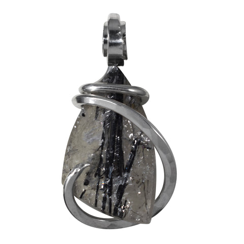 Black Rutilated Tourmaline/Clear Quartz Pendant Hand Wrapped in Silver