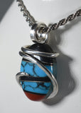 Turquoise/Red Coral/Black Onyx Stones Inlay with Silver Hand Wrapped Pendant in Silver (Antique Bead)