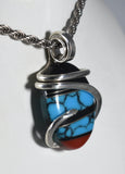 Turquoise/Red Coral/Black Onyx Stones Inlay with Silver Hand Wrapped Pendant in Silver (Antique Bead)