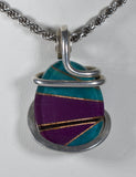 Chrysocolla/Sugilite/Black Onyx Stones Inlay with Gold Hand Wrapped Pendant in Silver (Antique Bead)
